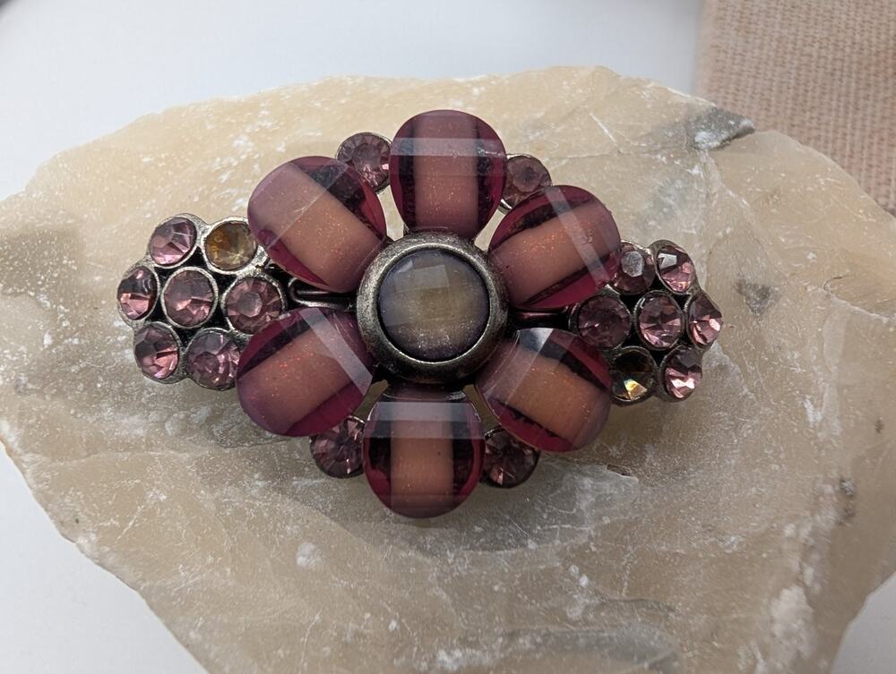 Purple Plaid Flower Barrette Hair Clip Rhinestone French Clip Fashion Jewelry
